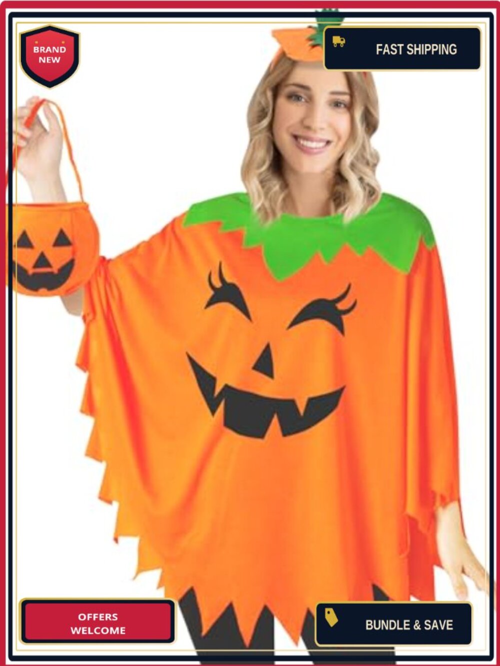 Pumpkin Poncho Costume 3 Piece Set Headband Candy Bag Halloween